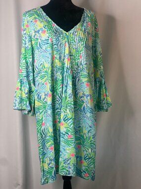 Lilly Pulitzer Womens Tropical Print V-Neck Bell Sleeve Tunic Dress Size 16